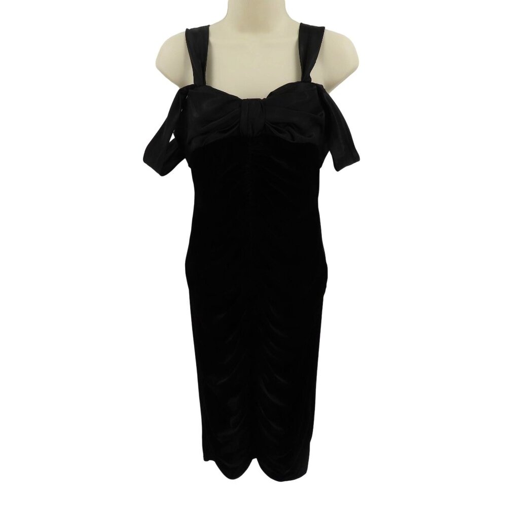 Whim Womens 6 Black Velvet Off Shoulder Satin Bow Ruched Front Cocktail Dress